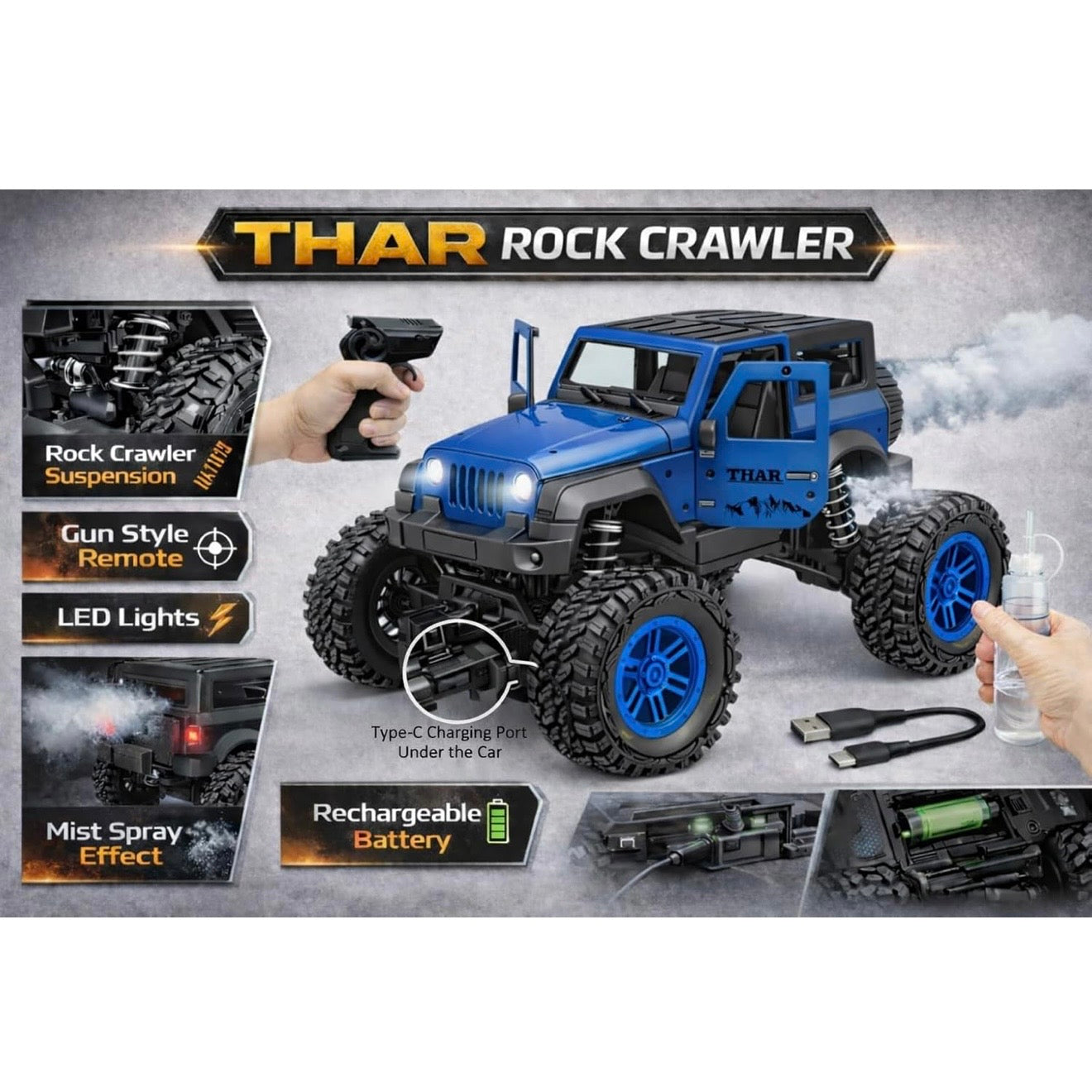 RC Thar Roxx Climber High Speed With Mist Spray Led Light, 2WD, Type-C Charing, 75ft Range