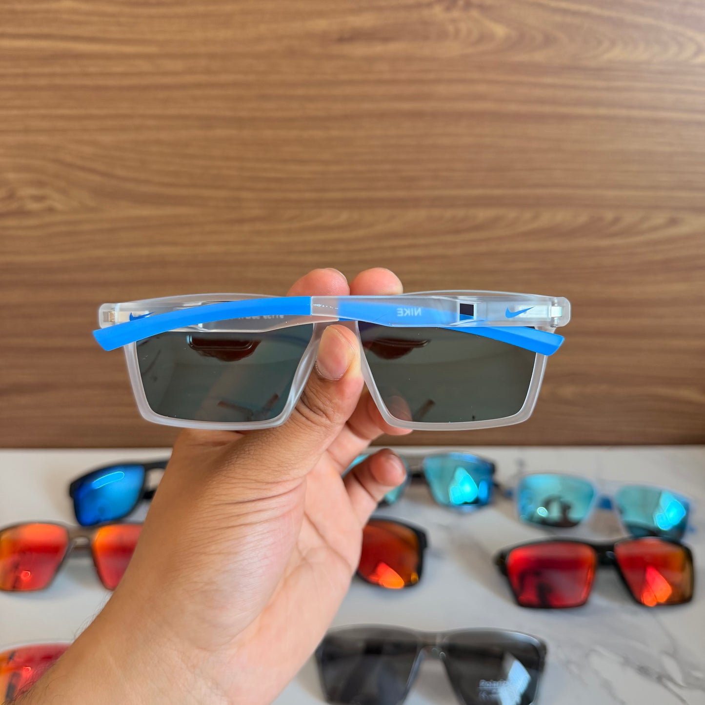 Nike Trans Blue Polarised Premium Rectangle Frame Sports Sunglass with Free Sunglasses Cover