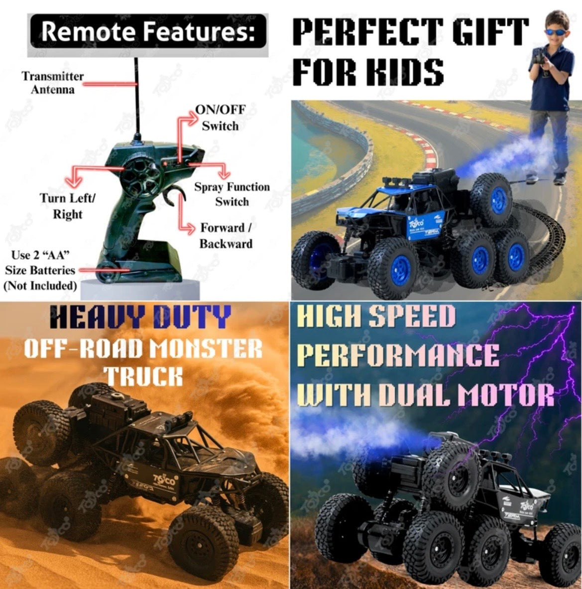 Hi-Speed Rechargeable Remote Control Rock Crawler Car Toy | 8 Tyres Monster Truck Rock Crawler | 50° Climbing RC Car 4x4 Off-Road Car Toy | Red | in-Built Battery