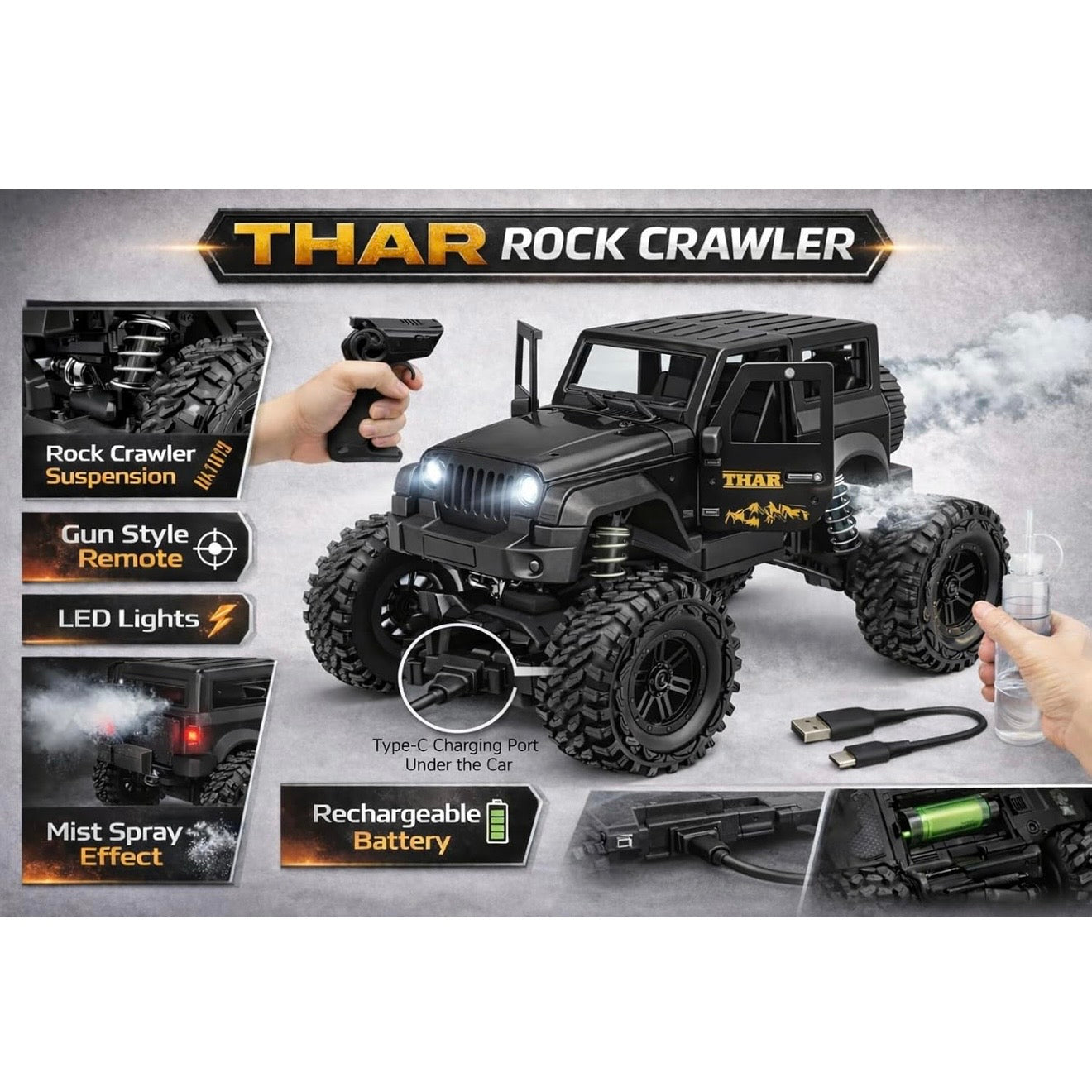RC Thar Roxx Climber High Speed With Mist Spray Led Light, 2WD, Type-C Charing, 75ft Range