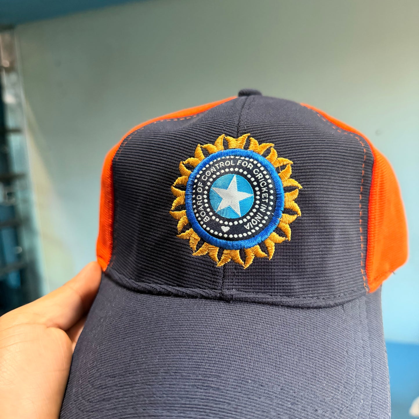 BCCI Navy Blue - Orange Colour Cricket Embroidered Cap