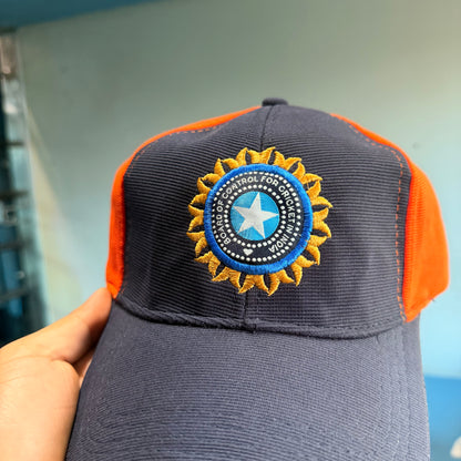 BCCI Navy Blue - Orange Colour Cricket Embroidered Cap