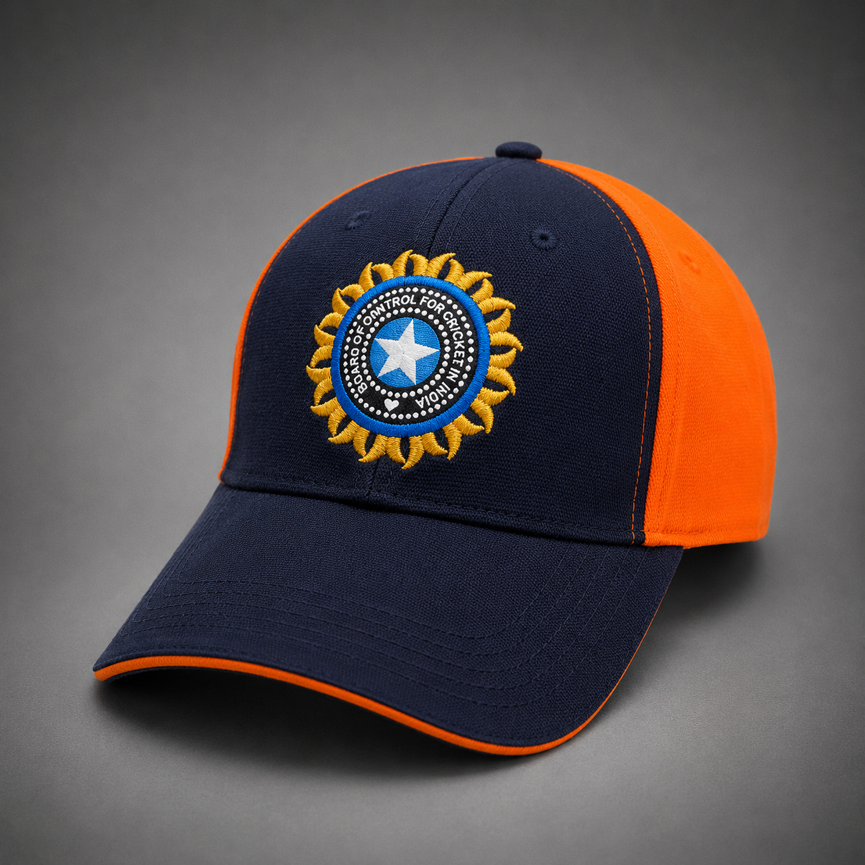 BCCI Navy Blue - Orange Colour Cricket Embroidered Cap
