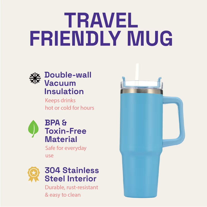 Tumbler With Side Grip Handle, Lid and Straw | Insulated Reusable Water Bottle For Hot & Cold Drink | Mug for Office, Gym, Travelling | Freya | Black