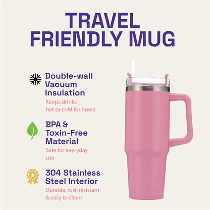 Tumbler With Side Grip Handle, Lid and Straw | Insulated Reusable Water Bottle For Hot & Cold Drink | Mug for Office, Gym, Travelling | Freya | Black