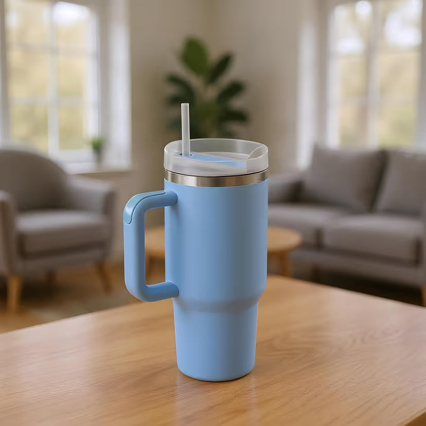 Tumbler With Side Grip Handle, Lid and Straw | Insulated Reusable Water Bottle For Hot & Cold Drink | Mug for Office, Gym, Travelling | Freya | Black