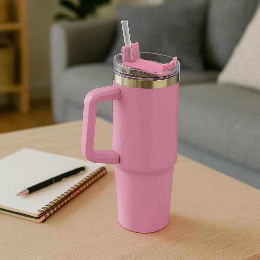 Tumbler With Side Grip Handle, Lid and Straw | Insulated Reusable Water Bottle For Hot & Cold Drink | Mug for Office, Gym, Travelling | Freya | Black