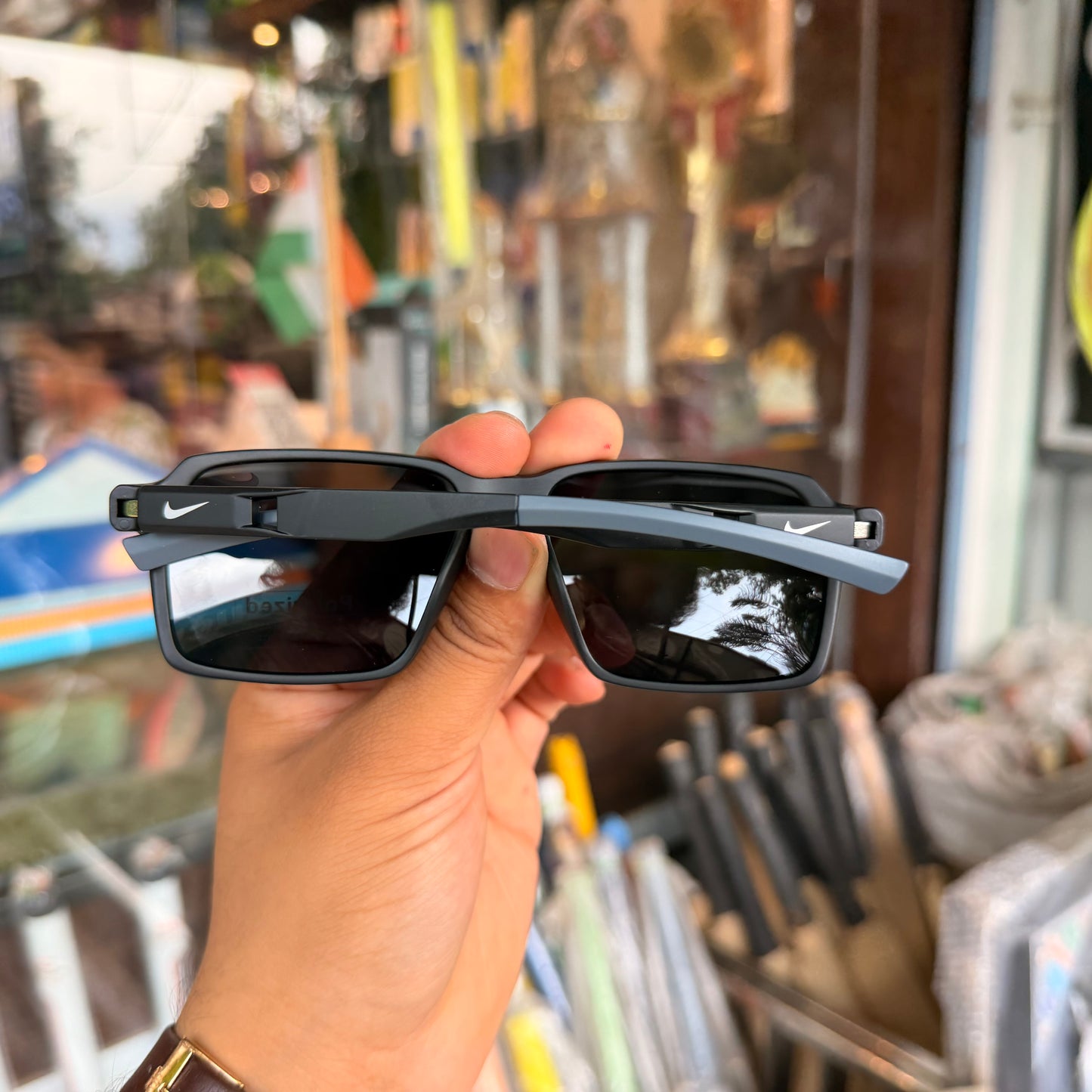 Nike Grey-Black Polarised Premium Rectangle Frame Sports Sunglass with Free Sunglasses Cover