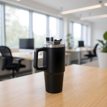 Tumbler With Side Grip Handle, Lid and Straw | Insulated Reusable Water Bottle For Hot & Cold Drink | Mug for Office, Gym, Travelling | Freya | Black