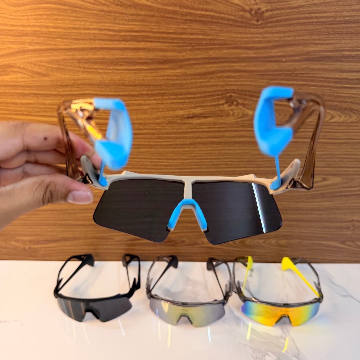 Stunt Wings Beige Blue Prizm Lens Premium Sports Sunglasses  | Comes With New Hyper Grip Technology | Non Foldable Straps | Highly Stable | Latest Collection
