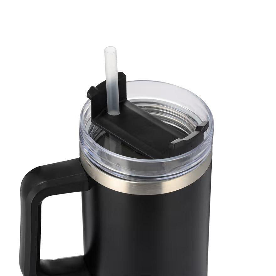 Tumbler With Side Grip Handle, Lid and Straw | Insulated Reusable Water Bottle For Hot & Cold Drink | Mug for Office, Gym, Travelling | Freya | Black