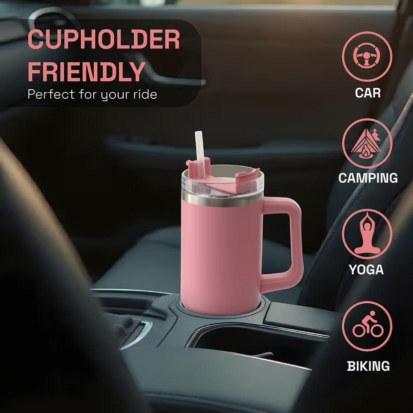 Tumbler With Side Grip Handle, Lid and Straw | Insulated Reusable Water Bottle For Hot & Cold Drink | Mug for Office, Gym, Travelling | Freya | Black